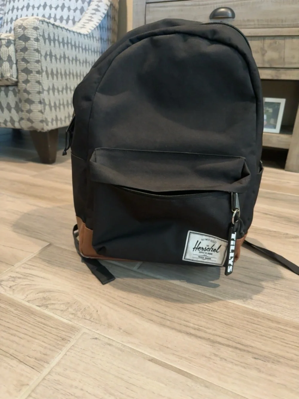 Herschel Classic Black Backpack with Brown Faux Leather Bottom | Unisex